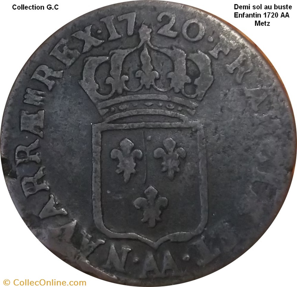 Demi sol au buste enfantin 1720 AA Metz monnaie france royale demi sol au buste enfantin 1720 aa metz