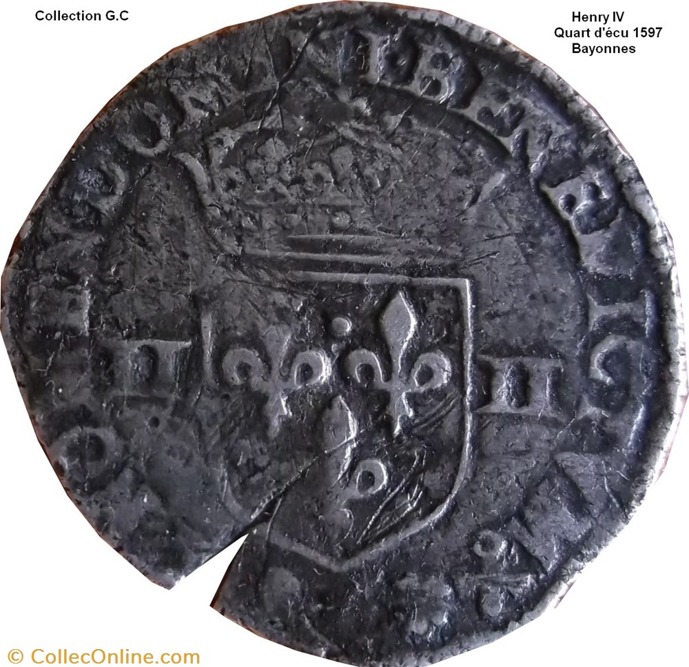 Quart d'écu, croix feuillue de face 1597 Bayonne monnaie france royale quart ecu croix feuillue de face 1597 bayonne