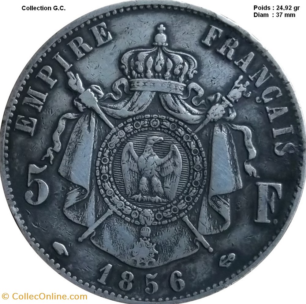 5 francs Napoléon III, tête nue 1856 A PARIS monnaies monde france 5 francs napoleon iii tete nue 1856 a paris