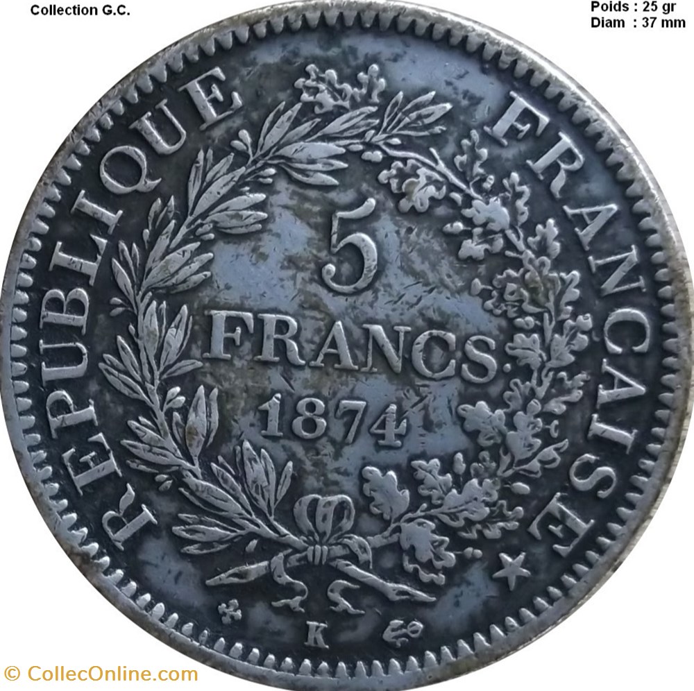 5 francs Hercule 1874 K Bordeaux monnaies monde france 5 francs hercule 1874 k bordeaux