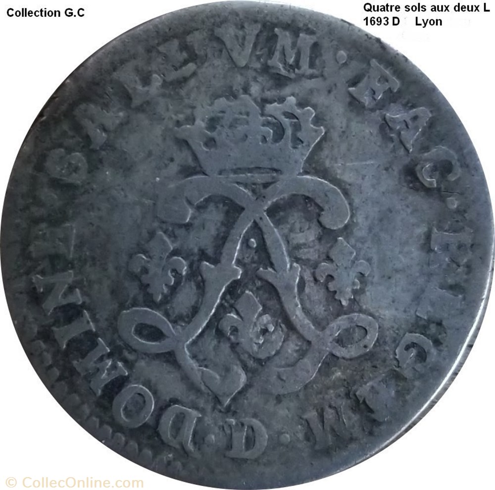 Quatre sols aux deux L couronnés 1693 D monnaie quatre sols aux deux l couronnes 1693 d