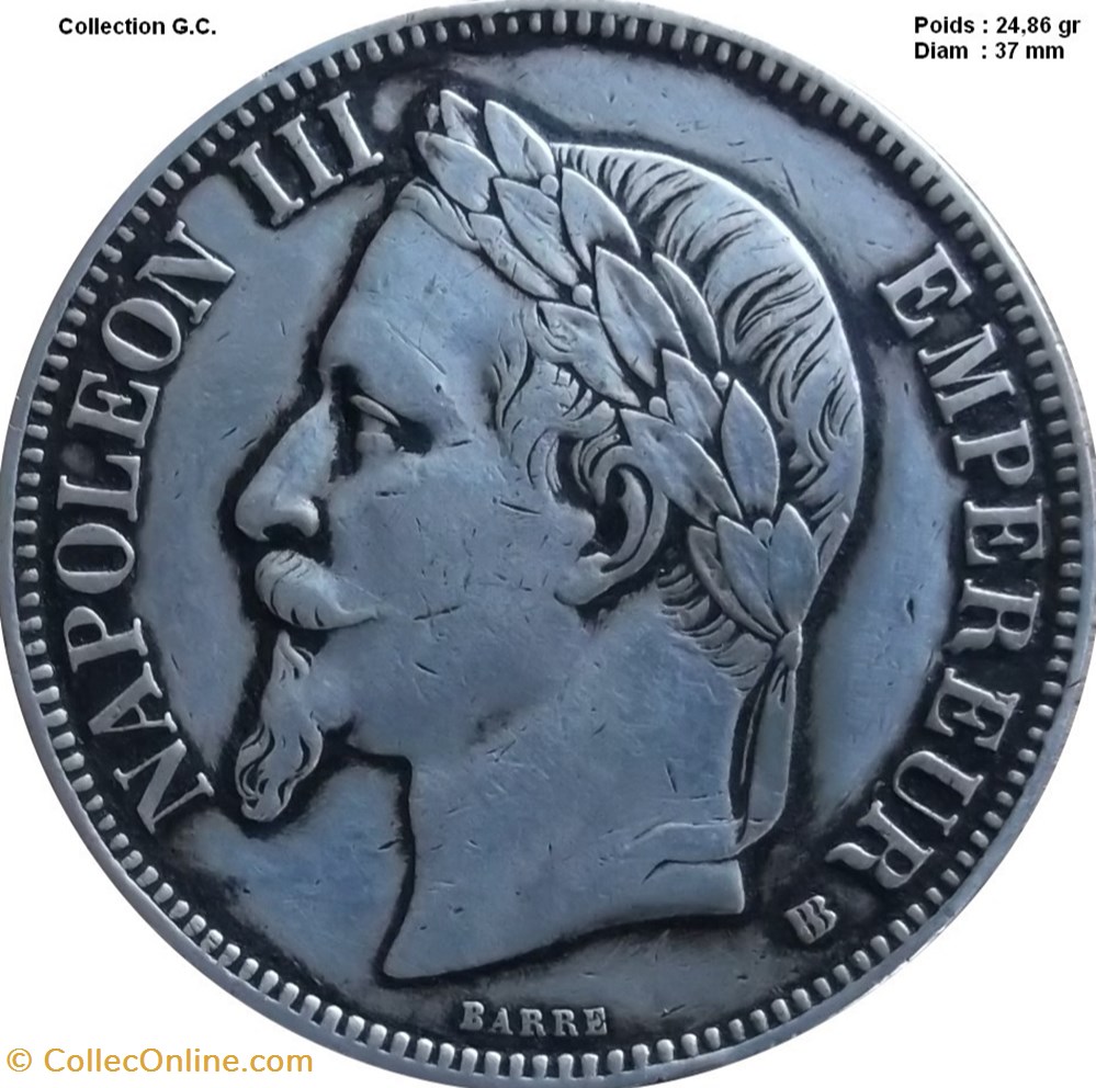 5 francs Napoléon III, tête laurée 1867 BB Strasbourg monnaies monde france 5 francs napoleon iii tete lauree 1867 bb strasbourg