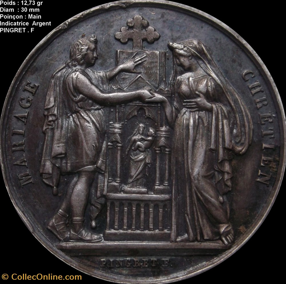 Médaille de mariage , Pingret .F . Poinçon main indicatrice Argent medailles medaille de mariage pingret f poincon main indicatrice argent