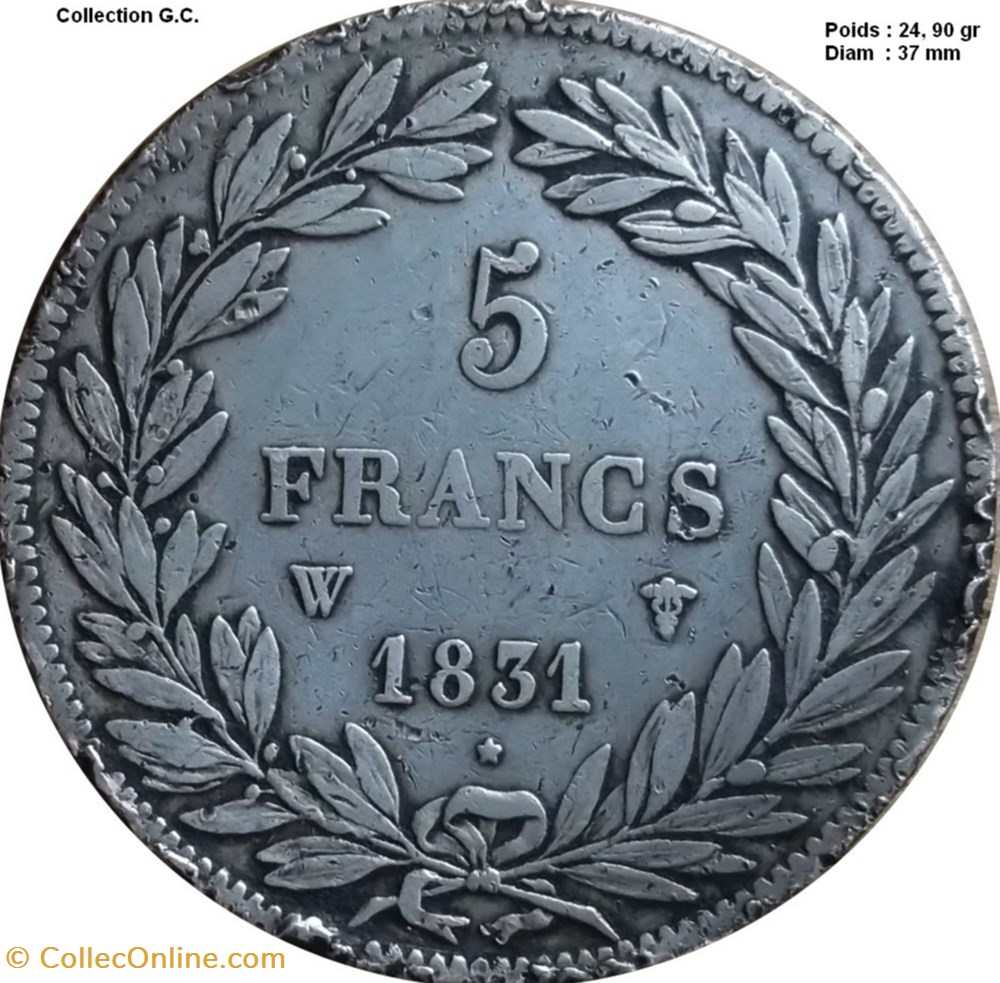 monnaies monde france 5 francs type tiolier avec le i tranche en creux 1831 w lille