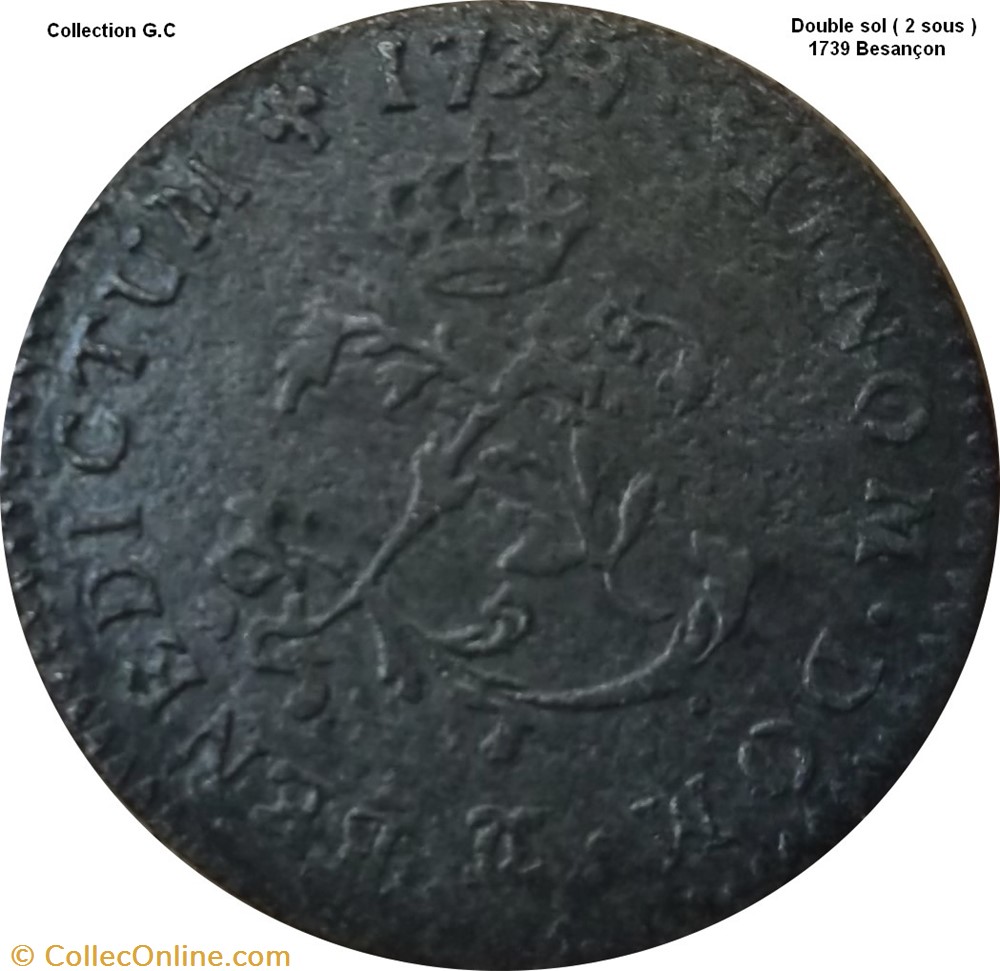 Double sol " 2 Sous" "dit aux 2 L couronnés" 1739 Besançon monnaie france royale double sol 2 sous dit aux 2 l couronnes 1739 besancon