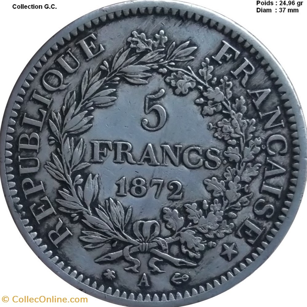 5 francs Hercule 1872 A Paris monnaies monde france 5 francs hercule 1872 a paris