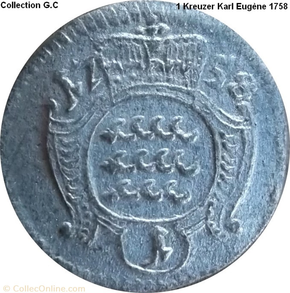1 Kreuzer Karl Eugène 1758 monnaie feodale saint empire romain germanique 1 kreuzer karl eugene 1758