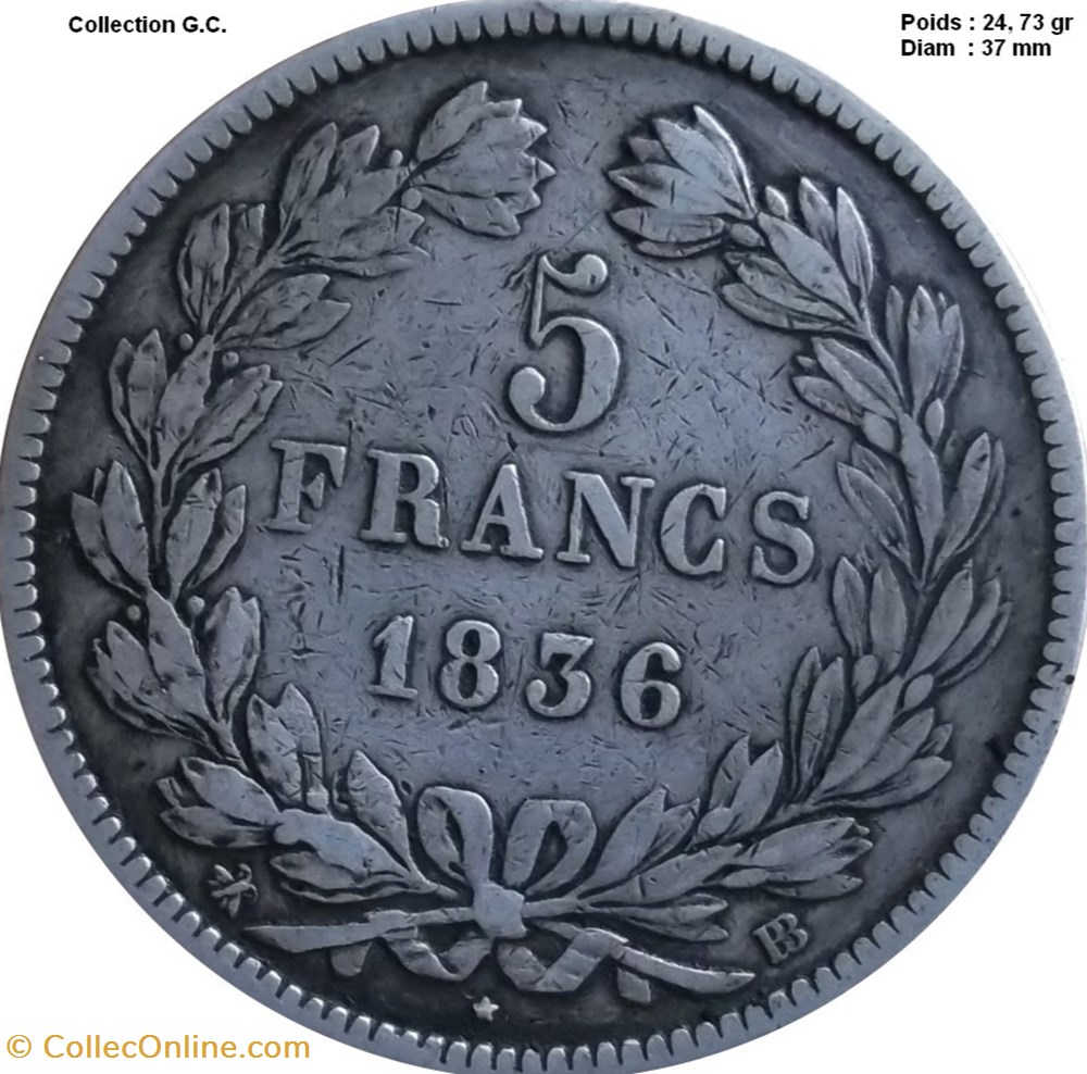 5 francs IIe type Domard 1836 BB Strasbourg monnaies monde france 5 francs iie type domard 1836 bb strasbourg