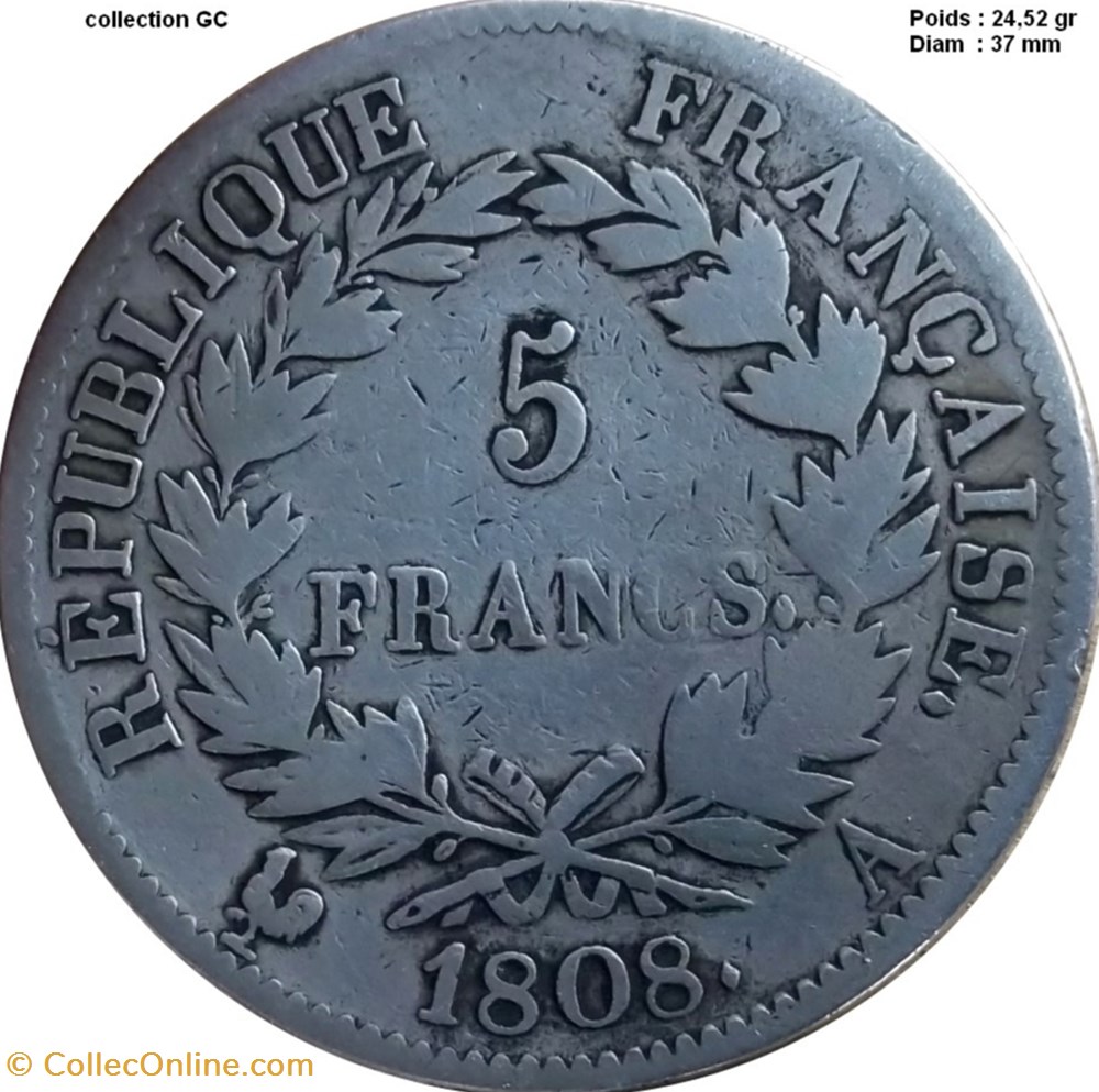 5 FRANCS NAPOLEON I 1808 A Paris monnaies monde france 5 francs napoleon i 1808 a paris