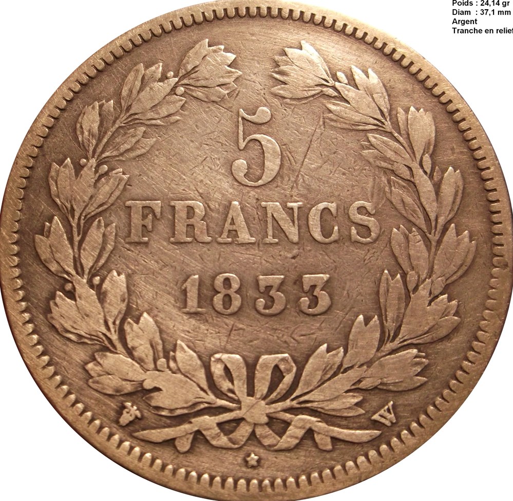 5 Francs Louis Philippe 1833 W Lille monnaies monde france 5 francs louis philippe 1833 w lille