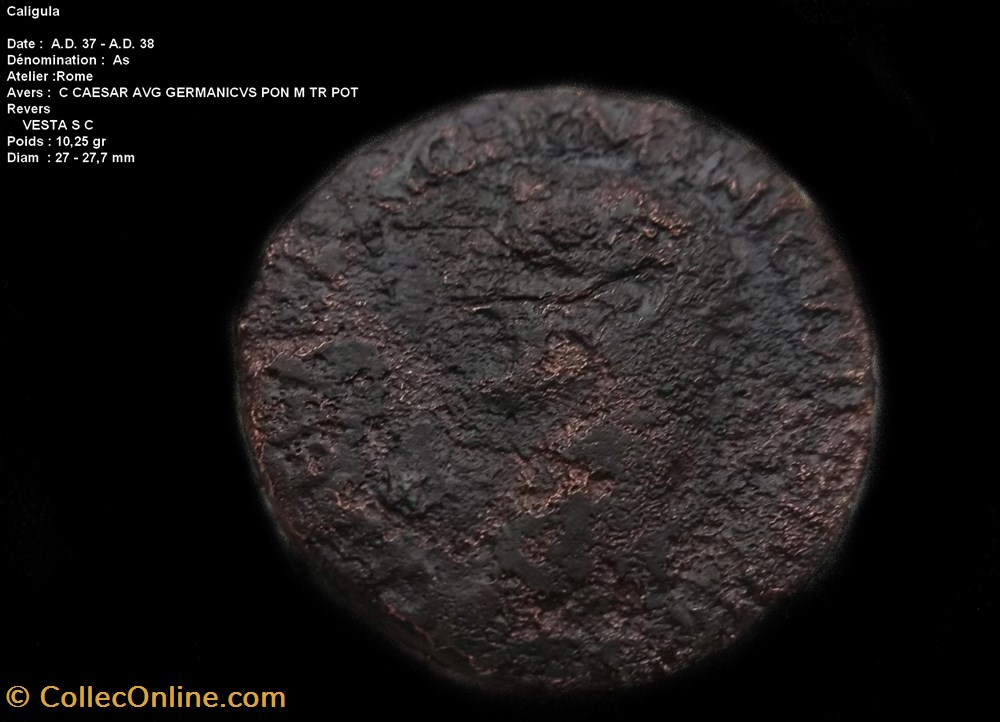 AS DE CALIGULA RIC 38 VESTA monnaies antiques romaines republicaines imperiales as de caligula ric 38 vesta