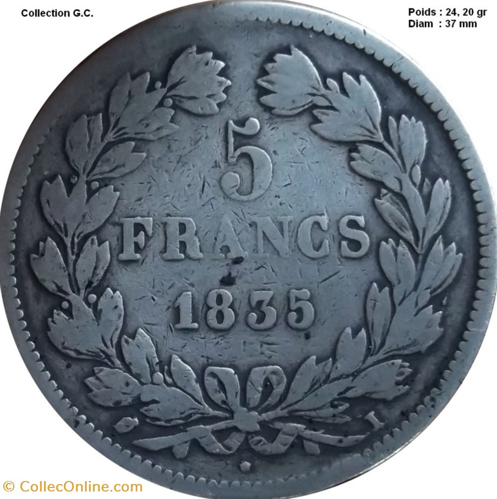 5 francs IIe type Domard 1835 I Limoges monnaies monde france 5 francs iie type domard 1835 i limoges