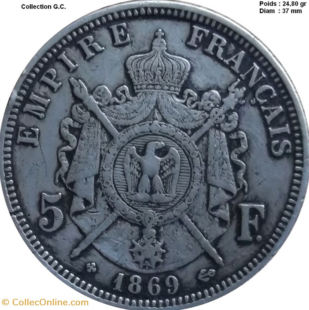 5 francs Napoléon III, tête laurée 1869 BB Strasbourg monnaies monde france 5 francs napoleon iii tete lauree 1869 bb strasbourg