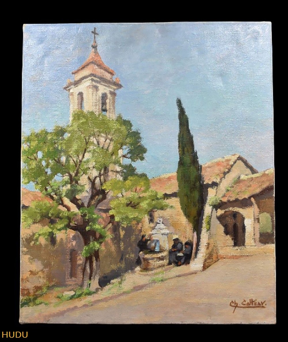 Coll. FD Huile, Fontaine du village animée, Cagnes/Mer art antiquites peintures dessins coll fd huile fontaine du village animee cagnes mer