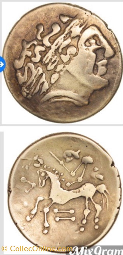 Série de faux statères Helvetes -Moulage (Celle sur fond rouge est authentique et a servi de modèle) monnaie antique av jc ap gauloise serie de faux stateres helvetes moulage celle sur fond rouge est authentique et a servi de modele
