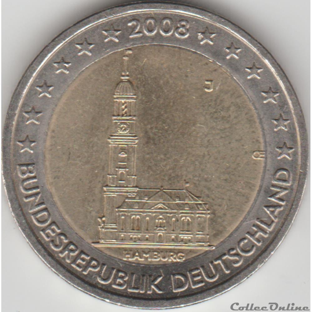 monnaie allemagne 2 euros 2008 hambourg j