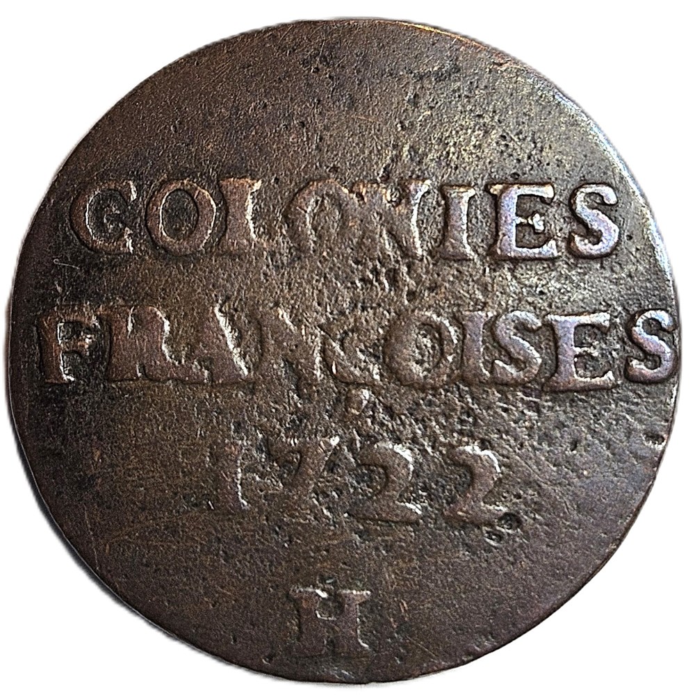 9 Deniers des Colonies Françoises - Acadie, Canada, Louisiane - Louis XV (1715 - 74) - 1722 - H 2 monnaies francaises 9 deniers des colonies francoises acadie canada louisiane louis xv 1715 74 1722 h