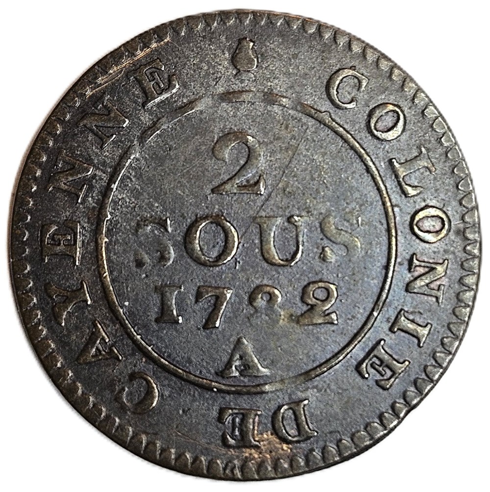 2 Sous de Cayenne - Guyane Française - Louis XVI ( 1774 - 93) - 1782 - Paris - type 2 2 monnaies colonies francaises 2 sous de cayenne guyane francaise louis xvi 1774 93 1782 paris type 2