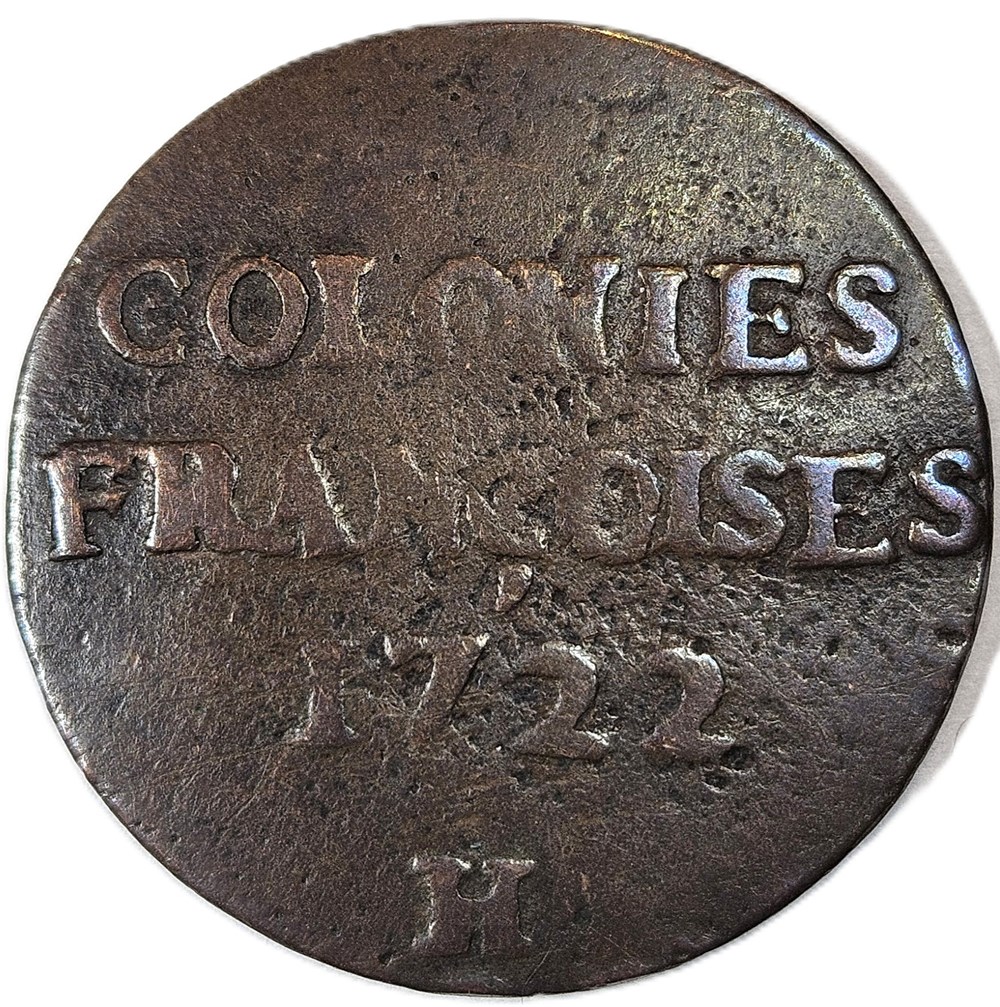 9 Deniers des Colonies Françoises - Acadie, Canada, Louisiane - Louis XV (1715 - 74) - 1722 - H 4 monnaies francaises 9 deniers des colonies francoises acadie canada louisiane louis xv 1715 74 1722 h