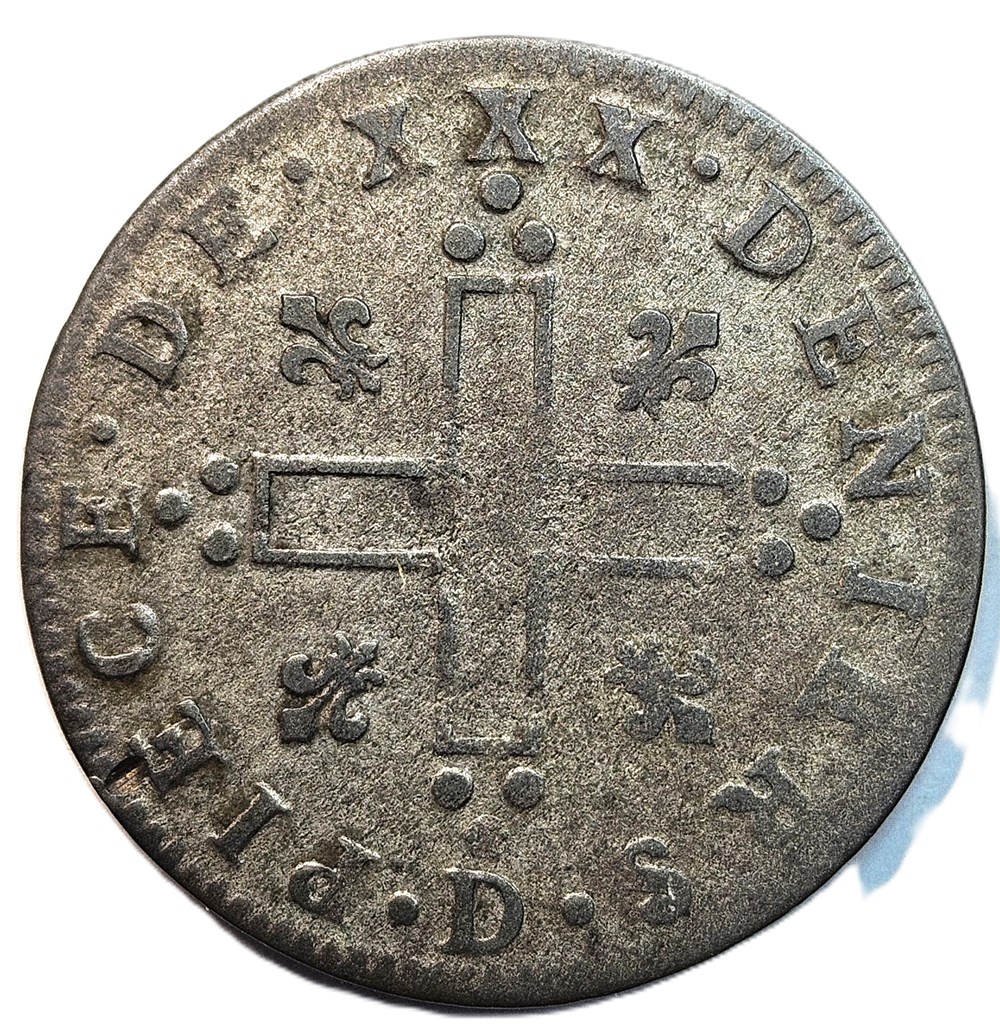 XXX deniers aux 2L couronnés dits mousquetaire - Louis XIV (1643 - 1715) - 1711 - Lyon 2 monnaies colonies francaises xxx deniers aux 2l couronnes dits mousquetaire louis xiv 1643 1715 1711 lyon