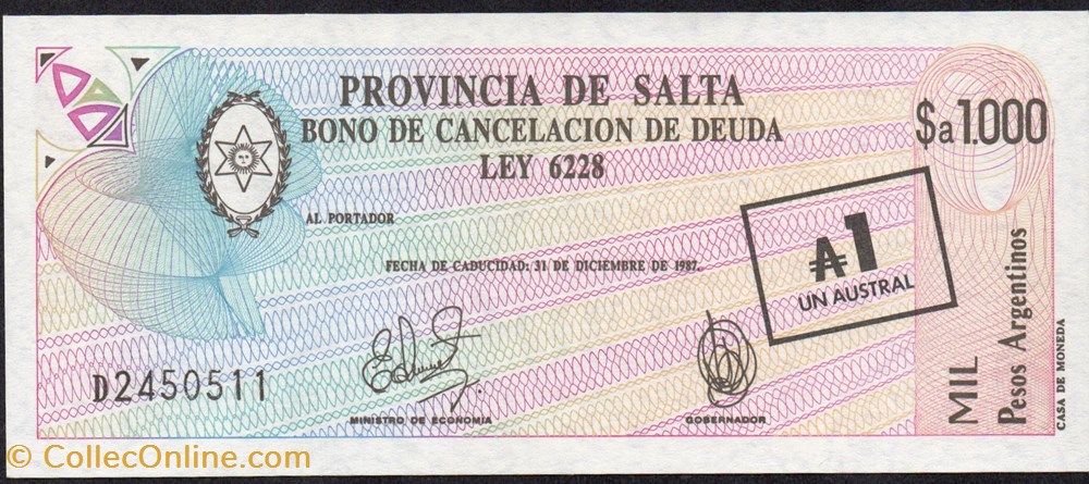 Salta 1 Austral / $a 1000 banknote south america argentina salta 1 austral a 1000