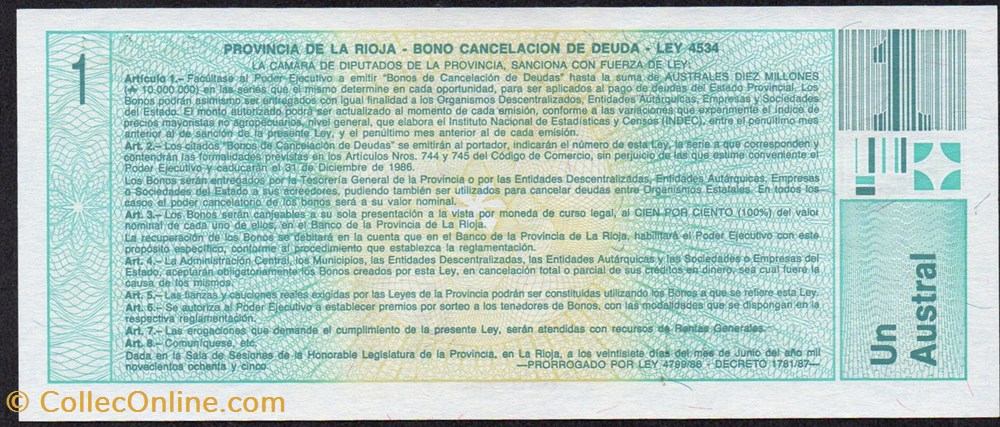 La Rioja 1 Austral banknote south america argentina la rioja 1 austral