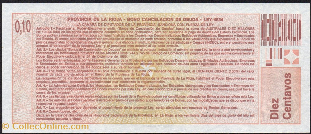 banknote south america argentina la rioja 0 10 australes