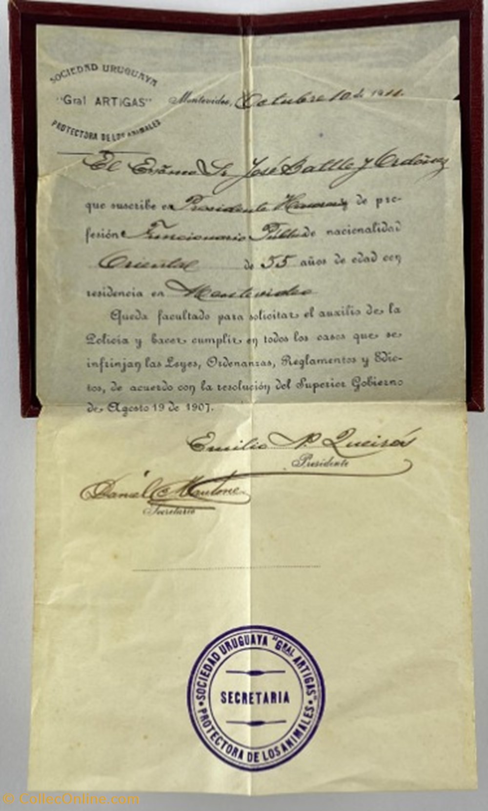 Credential of the Sociedad Uruguaya Protectora de Animales belonging to José Batlle y Ordóñez old documents historical credential of the sociedad uruguaya protectora de animales belonging to jose batlle y ordonez