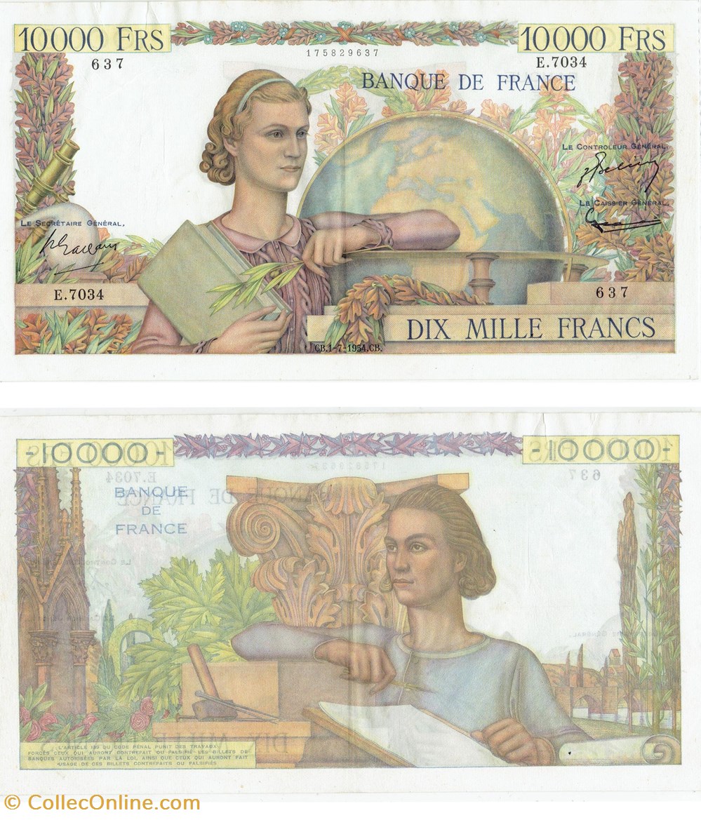 10 000 francs génie Français type 1954 "étude" billets europe france 10 000 francs genie francais type 1954 etude