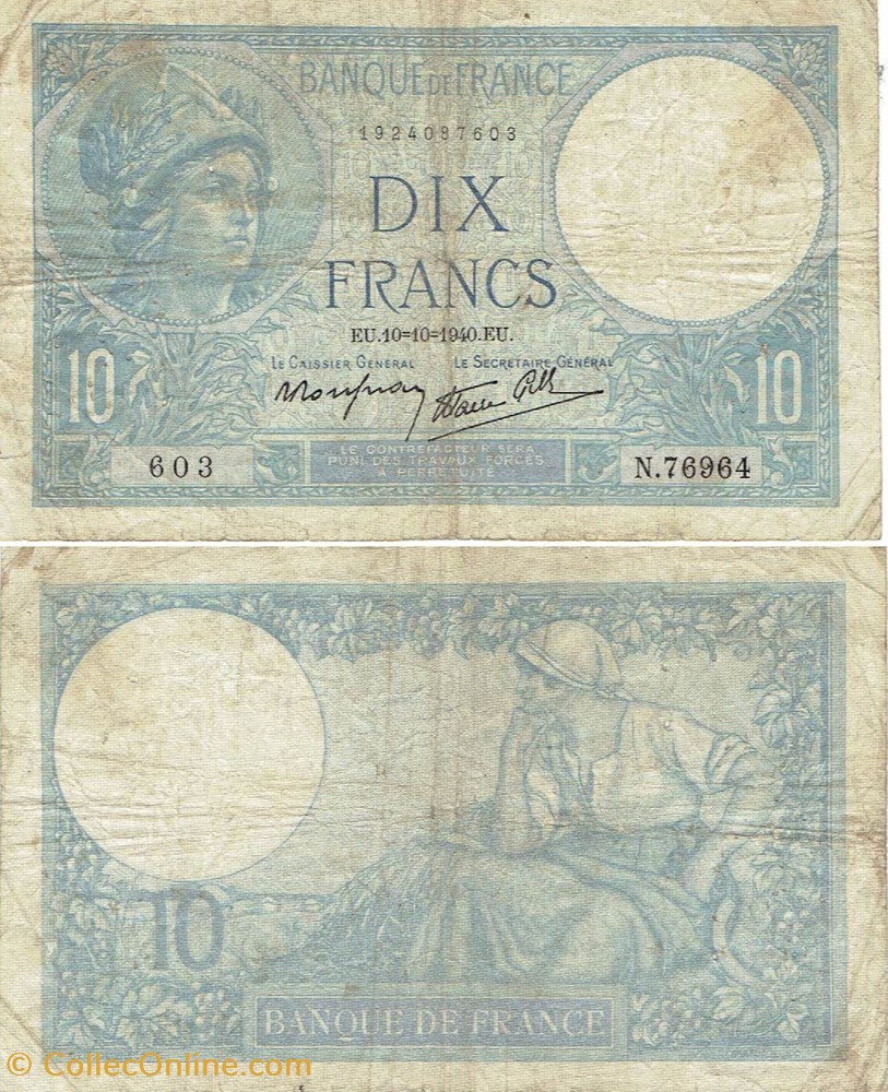 billets europe france 10 francs type 1915 minerve