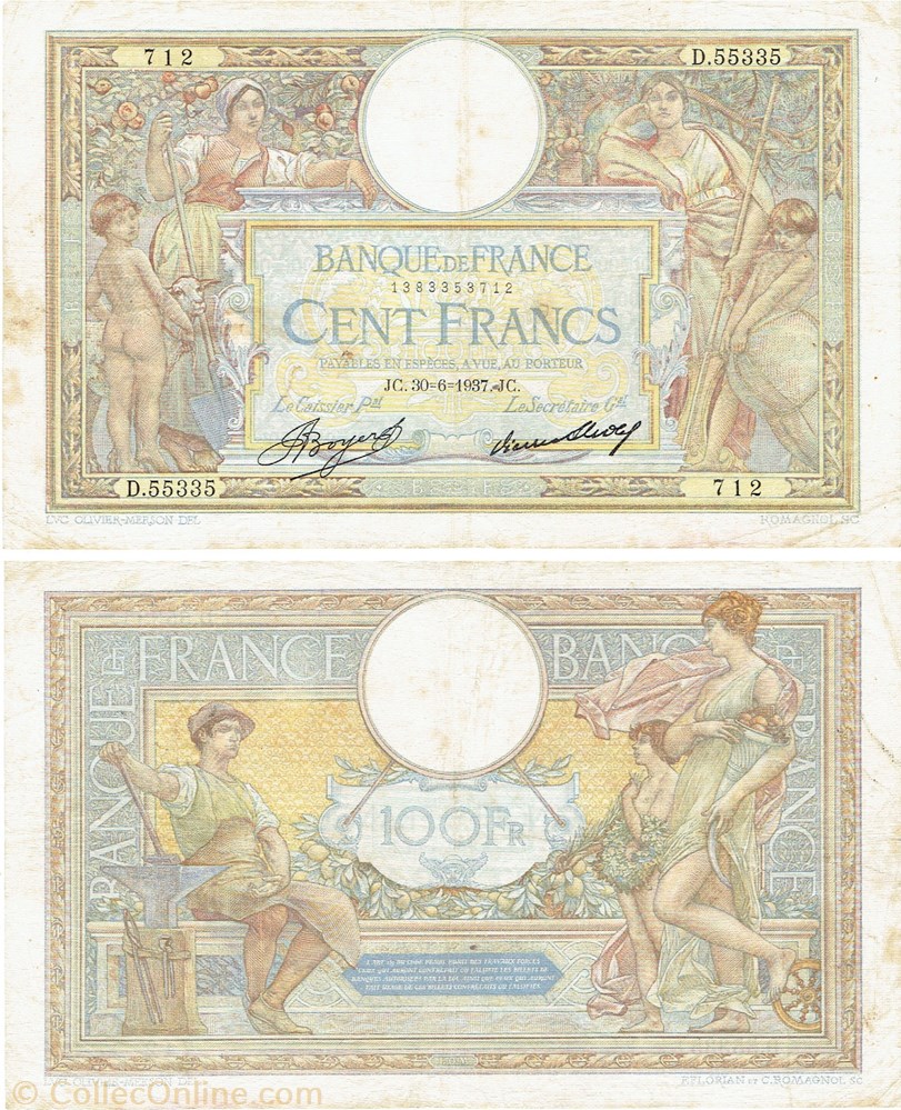 100 francs type 1906 "Luc-Olivier Merson" 3 billets europe france 100 francs type 1906 luc olivier merson