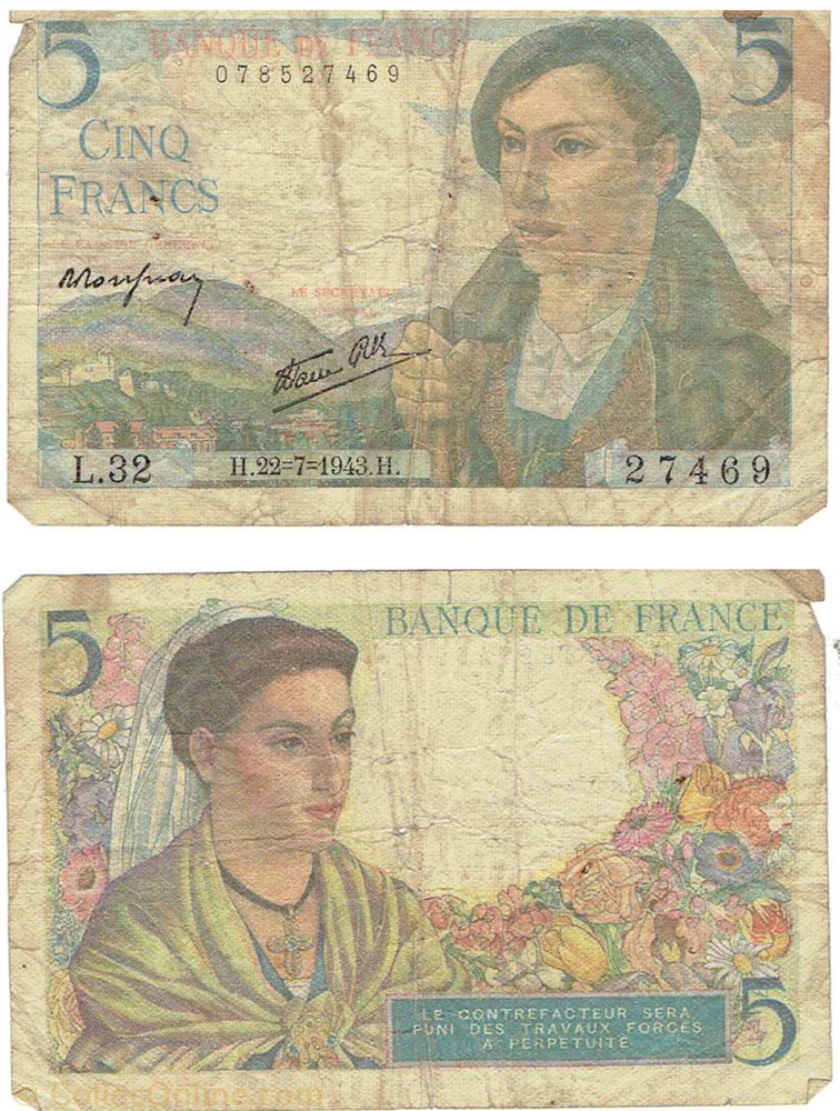 5 francs type 1943 "Berger pyrénéen" billets europe france 5 francs type 1943 berger pyreneen