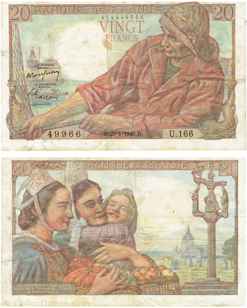 20 francs type 1942 "Pêcheur" 3 billets europe france 20 francs type 1942 pecheur
