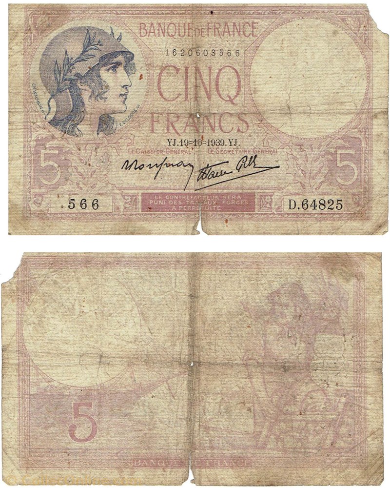 billets europe france 5 francs type 1917 femme casquee