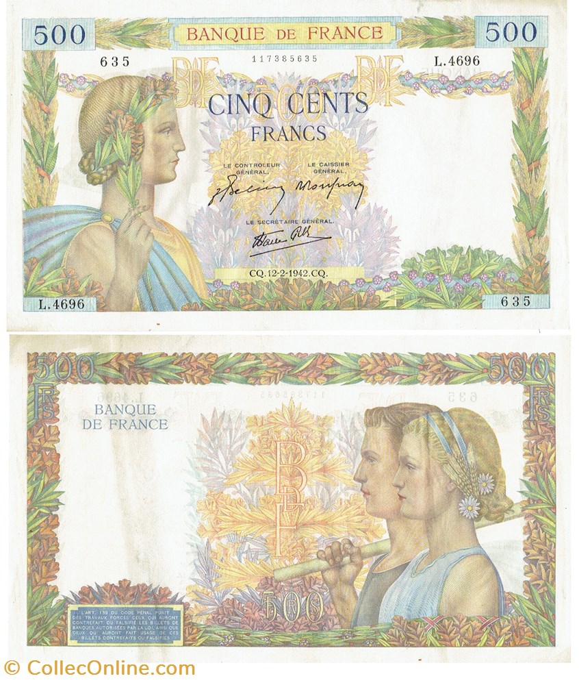 billets europe france 500 francs bdf type 1939 la paix