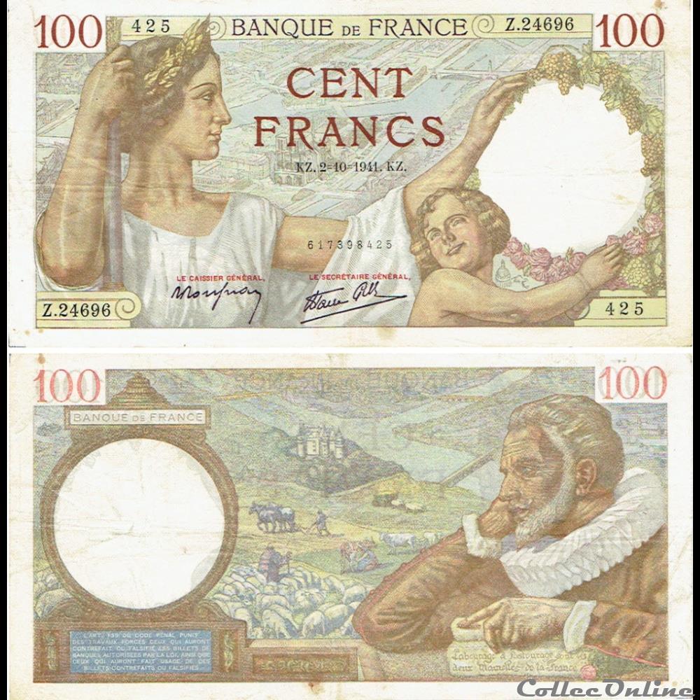 100 francs type 1939 "Sully" billets europe france 100 francs type 1939 sully