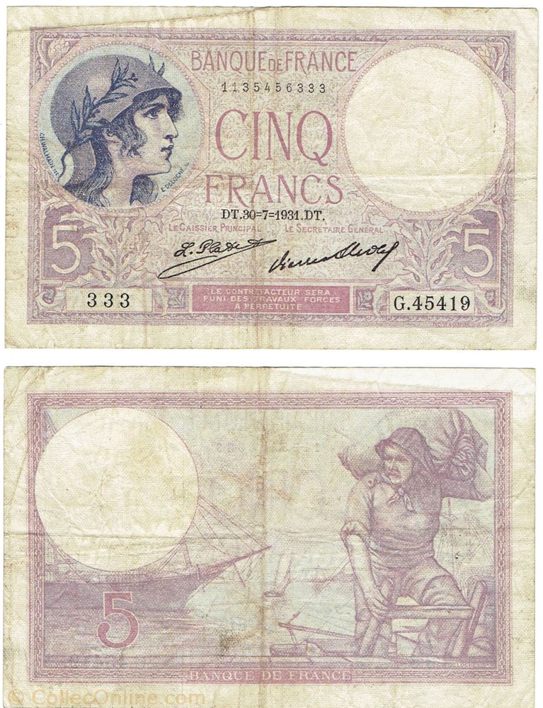 billets europe france 5 francs type 1917 femme casquee