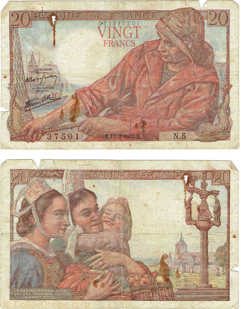 20 francs type 1942 "Pêcheur" 2 billets europe france 20 francs type 1942 pecheur