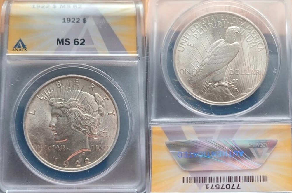 coins world united states 1922 silver peace dollar anacs ms62
