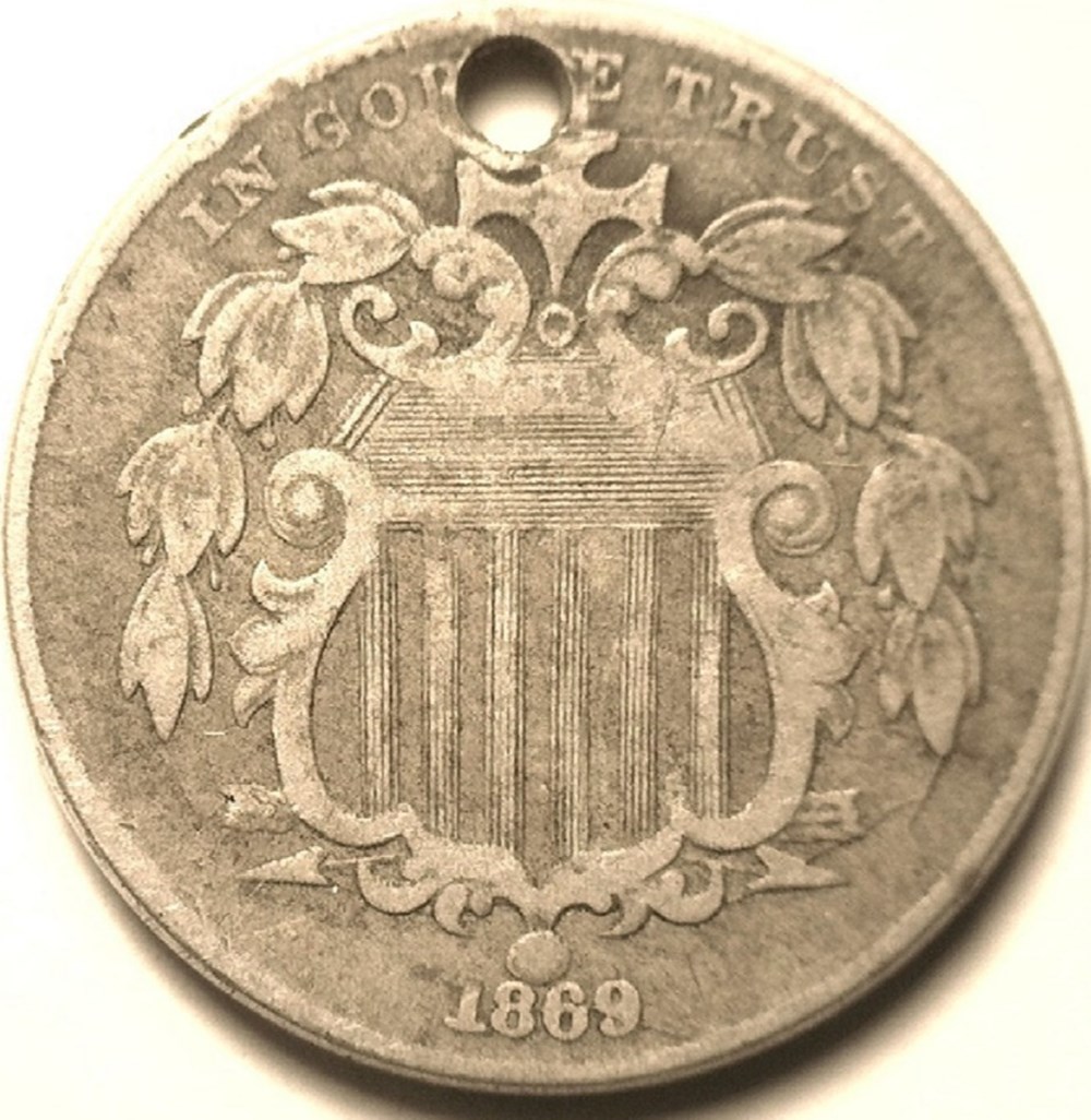 coins world united states usa 1869 shield nickel holed