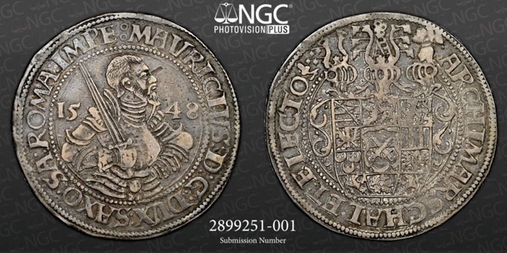 German States (Saxony, Albertine): 1548 silver thaler of Maurice, Elector of Saxony 2 coins european medieval german states saxony albertine 1548 silver thaler of maurice elector of saxony