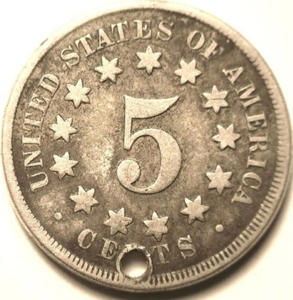 coins world united states usa 1869 shield nickel holed