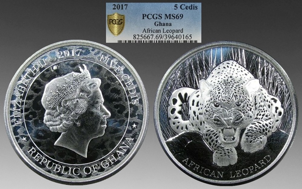 Ghana: 2017 silver 5-cedis of Elizabeth II, African Leopard commemorative, 1-ounce, .999 fine coins world ghana 2017 silver 5 cedis of elizabeth ii african leopard commemorative 1 ounce 999 fine