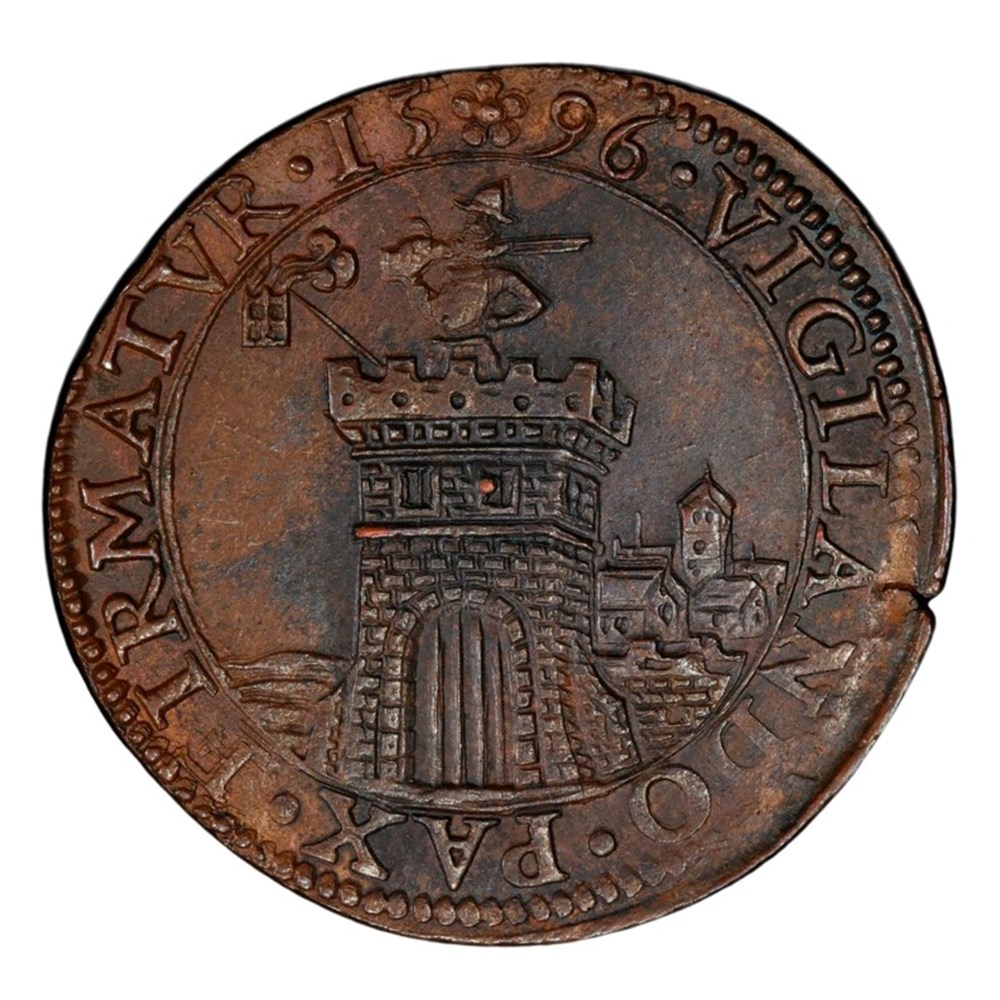 Netherlands: 1596 copper jeton; 80 Years War, beheading scene, Dordrecht mint 4 coins exonumia tokens weights netherlands 1596 copper jeton 80 years war beheading scene dordrecht mint