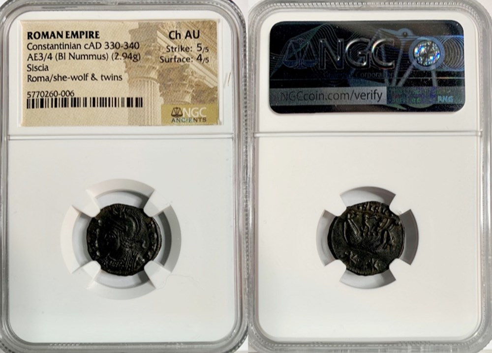 AD 330-340 Roman Billon Nummus of Constantinian – Romulus and Remus NGC  (Coins of the Romans)