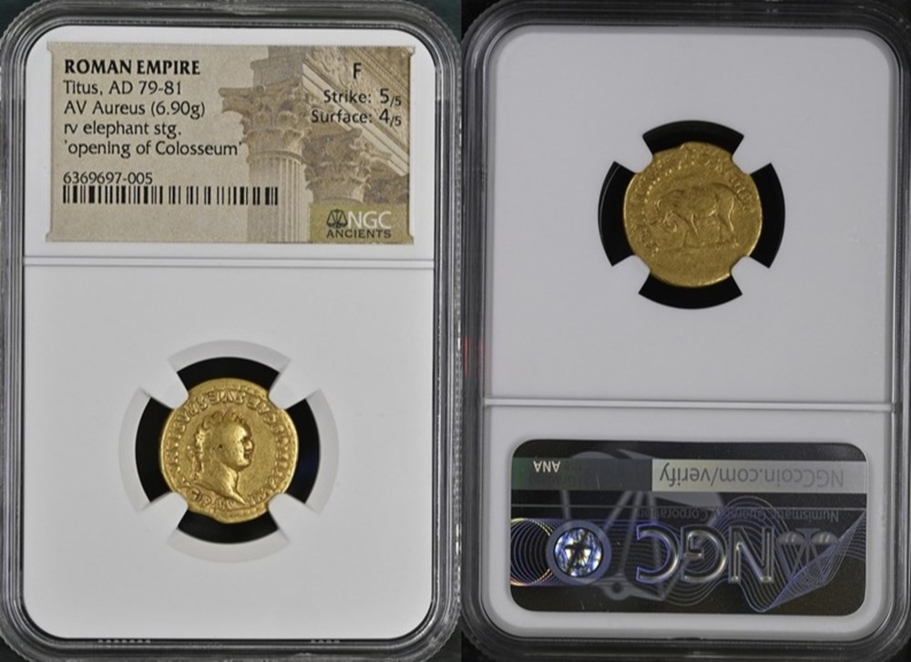 Roman Empire: ca. 80 AD gold aureus of Titus, struck for the opening of the Colosseum 5 coins ancient to romans imperial and republican roman empire ca 80 ad gold aureus of titus struck for the opening of the colosseum