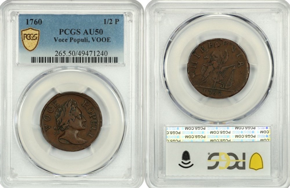 coins world united states british colonial 1760 copper voce populi halfpenny vooe variety