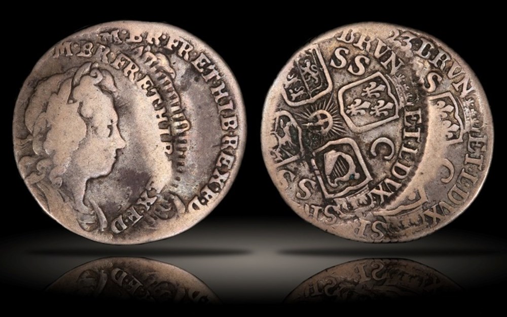 Great Britain: 1723 silver South Sea Company sixpence of George I, double-struck mint error 4 coins european medieval to kingdom england great britain 1723 silver south sea company sixpence of george i double struck mint error
