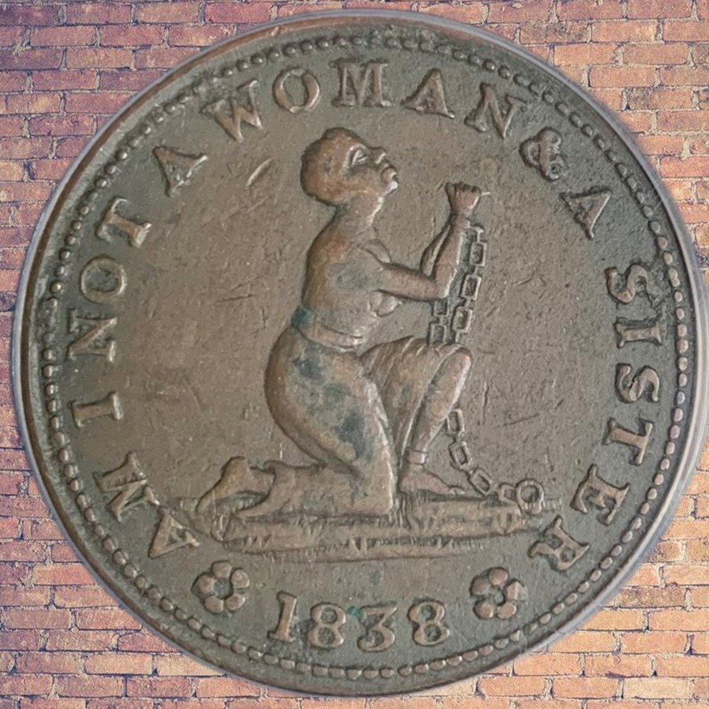 United States: 1838 copper Hard Times token, anti-slavery "Am I Not A Woman" type 3 coins exonumia tokens weights united states 1838 copper hard times token anti slavery am i not a woman type