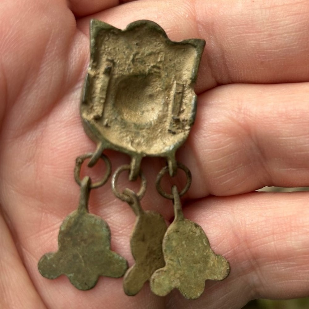 (Artifact) ca. 1100-1500 AD bronze medieval pendant with 3 decorated dangles 3 antiquities archaeology europe artifact ca 1100 1500 ad bronze medieval pendant with 3 decorated dangles